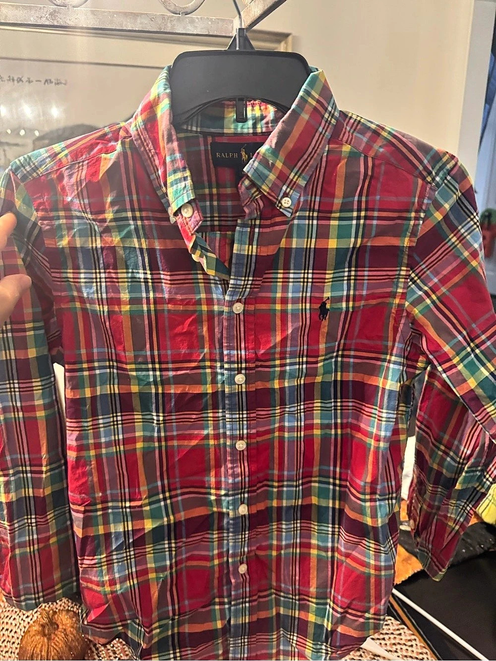 Ralph Lauren Boys Plaid Cotton Poplin Shirt Red & Green Medium
